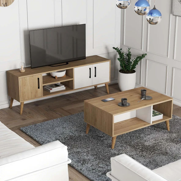 Mezza Set 1584-2074 Exxen 150 CM (AHŞAP AYAKLI) Tv Ünitesi - Orta Sehpa Seti Sepet - Beyaz Rengi ürün görseli 1