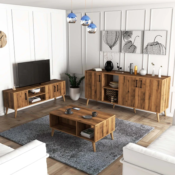 Mezza Set 1582-2072-1622 Exxen (Ahşap Ayaklı) Tv Ünitesi - Orta Sehpa - Konsol Seti Hat Rengi ürün görseli 1