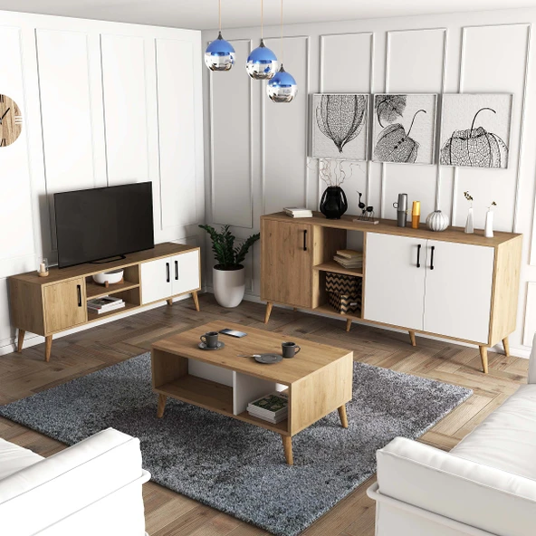 Mezza Set 1584-2074-1624 Exxen (AHŞAP AYAKLI) Tv Ünitesi - Orta Sehpa - Konsol Seti Sepet - Beyaz ürün görseli 1