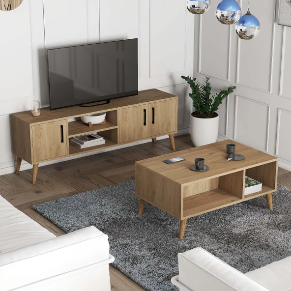 Mezza Set 1586-2076 Exxen 150 Cm (AHŞAP AYAKLI) Tv Ünitesi - Orta Sehpa Seti Sepet Rengi ürün görseli 1