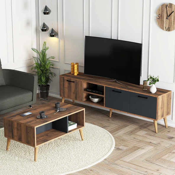Mezza SET 1581-2070 EXXEN 180 CM TV ÜNİTESİ + EXXEN ORTA SEHPA - HAT-ANTRASİT RENGİ ürün görseli 1