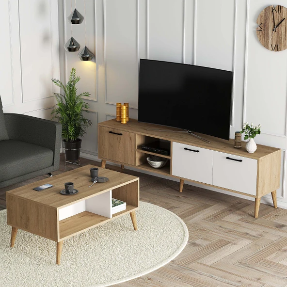 Mezza SET 1585-2074 EXXEN 180 CM TV ÜNİTESİ + EXXEN ORTA SEHPA - SEPET-BEYAZ RENGİ ürün görseli 1