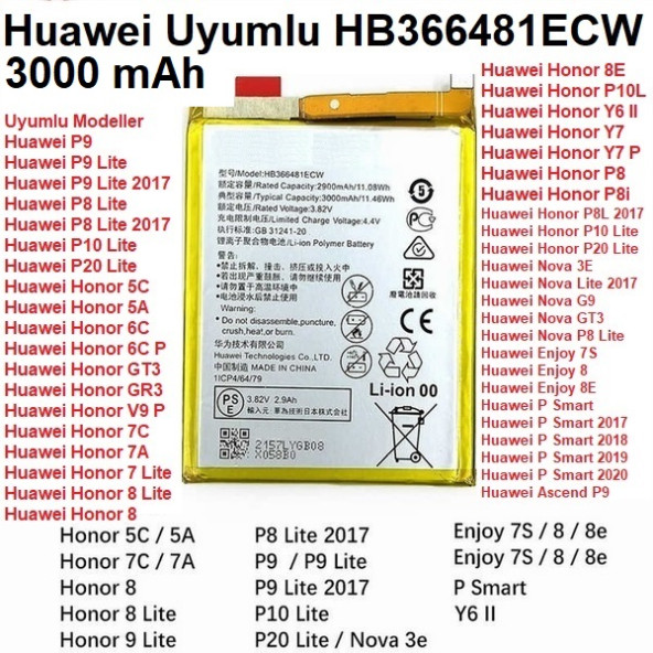 Day Huawei HB366481ECW 2900 - 3000 mAh Batarya Pil (Orijinal Kalite Uzun Ömürlü Yüksek Kapasite) CEPTELB009246 ürün görseli 1