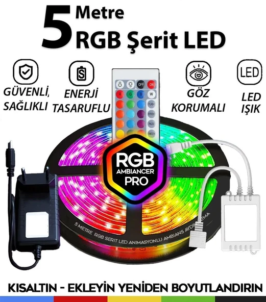 Şerit Led 5 Metre Animasyonlu Tak Çalıştır Kumandalı Trafolu Rgb Şerit Işık Aydınlatma Parti Led 06 ürün görseli 1