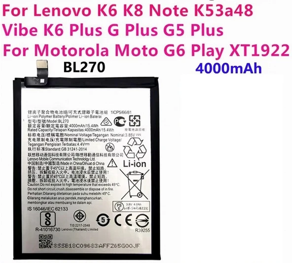 Lenovo K6 K8 Note K53a48 Vibe K6 G G5 Plus 4000mAh BL270 Battery Batarya Pil CEPTELB019605 ürün görseli 1