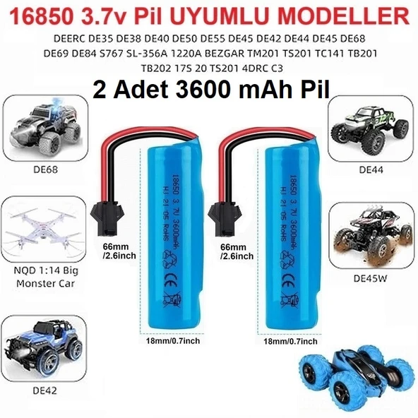 2 ADET Siyah Soketli Oyuncak Araba Pili 3600 mAh 3.7V 18650 Li-Ion 18Mm X 66Mm CEPTELB021566 ürün görseli 1
