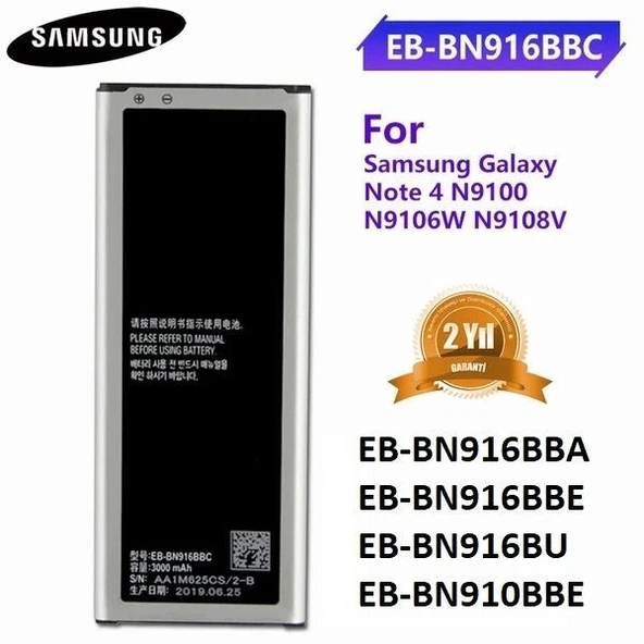 Samsung Galaxy Note 4 N9100 EB-BN910BBE Uyumlu Batarya Pil (EB-BN916BBA EB-BN916BBE EB-BN916BU) CEPTELB023558 ürün görseli 1