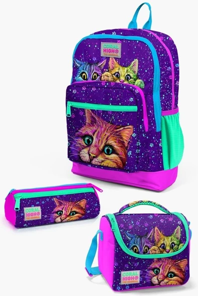 Coral High Kids Mor Pembe Kedi Desenli 3'lü Okul Çanta Seti ürün görseli 1