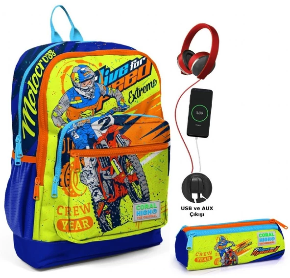 Coral High Sarı Mavi Motorsiklet USB Soketli Okul Çantası ve Kalemlik Seti - Erkek Çocuk ürün görseli 1