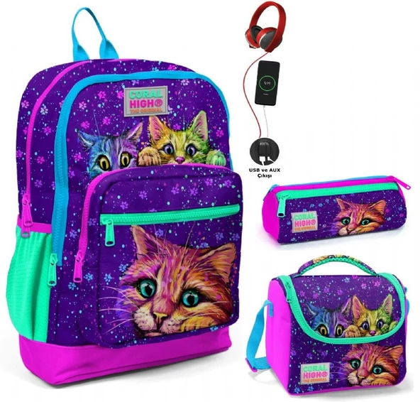 Coral High Mor Kedi USB Soketli Üçlü İlkokul Çanta Seti - Kız Çocuk ürün görseli 1