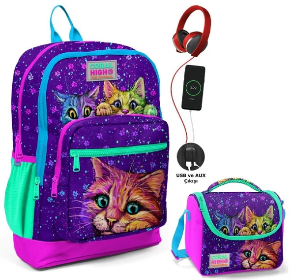 Coral High Mor Kedi Okul ve Beslenme Çantası Seti - Usb Soketli - Kız Çocuk ürün görseli 1