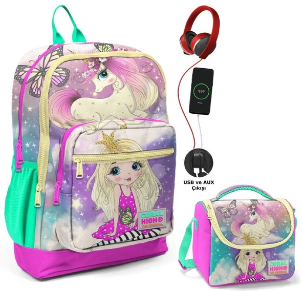 Coral High Su Yeşili Unicorn Okul ve Beslenme Çantası Seti - Usb Soketli - Kız Çocuk ürün görseli 1