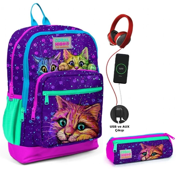 Coral High Mor Kedi USB Soketli Okul Çantası ve Kalemlik Seti - Kız Çocuk ürün görseli 1