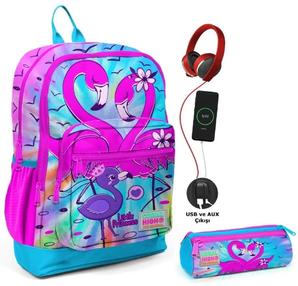 Coral High Mavi Pembe Flamingo USB Soketli Okul Çantası ve Kalemlik Seti - Kız Çocuk ürün görseli 1