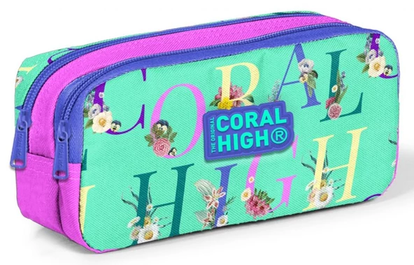 Coral High İki Bölmeli Kız Çocuk Yeşil Pembe Kalem Çantası Kalemlik ürün görseli 1