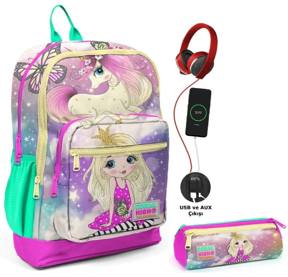 Coral High Su Yeşili Unicorn USB Soketli Okul Çantası ve Kalemlik Seti - Kız Çocuk ürün görseli 1