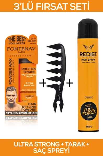 Fontenay Saç Şekillendirici Pudra Toz Wax Ultra Strong Turuncu + Şekil Tarağı + Saç Sprey 3'Lü Set ürün görseli 1