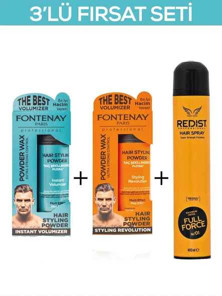 Fontenay Saç Şekillendirici Pudra Toz Wax Ultra Strong Turuncu 20gr + Matt Effect Mavi 20 gr + 400ml Saç Spreyi 2 3'lü Set ürün görseli 1