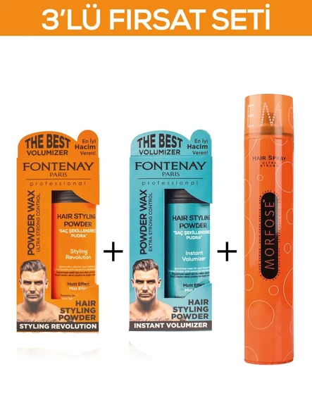 Fontenay Saç Şekillendirici Pudra Toz Wax Ultra Strong Turuncu 20gr + Matt Effect Mavi 20 gr + 400ml Saç Spreyi 3'lü Set ürün görseli 1