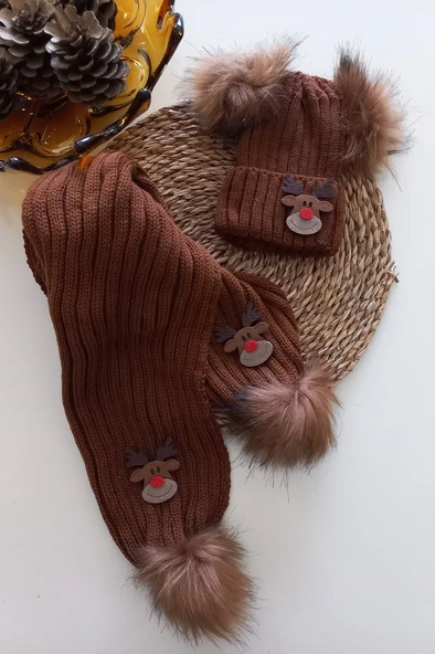 MARS BABY Kız Erkek Unisex Bebek Çocuk Taba Kahve Geyik Figürlü Ponponlu Atkı Bere Takımı ürün görseli 1