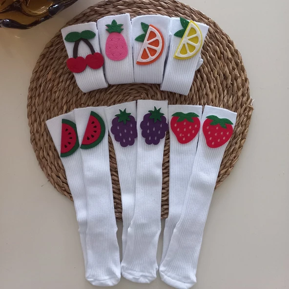 MARS BABY Kız Bebek Beyaz Karpuz Çilek Portakal Limon Ananas Böğürtlen Keçe Figürlü Dizaltı Çorap ürün görseli 1