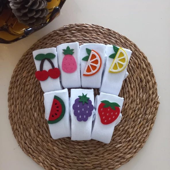 MARS BABY Kız Bebek Beyaz Karpuz Çilek Portakal Limon Ananas Böğürtlen Keçe Figürlü Dizaltı Çorap - Resim 2