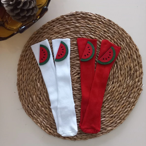 MARS BABY Kız Bebek Beyaz Kırmızı Karpuz Keçe Figürlü Dizaltı Çorap ürün görseli 1