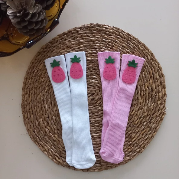 MARS BABY Kız Bebek Beyaz Pembe Ananas Keçe Figürlü Dizaltı Çorap ürün görseli 1
