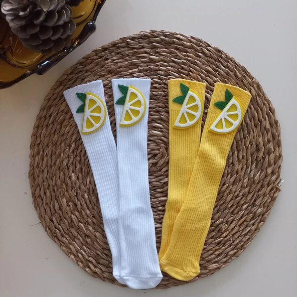 MARS BABY Kız Bebek Beyaz Sarı Limon Keçe Figürlü Dizaltı Çorap ürün görseli 1