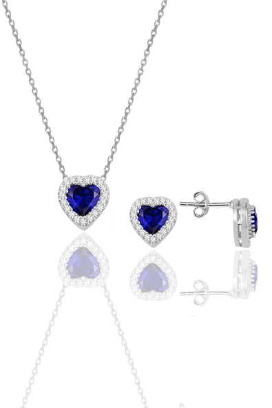 Gümüş rodyumlu safir taşlı pırlanta modeli kalp kolye ve küpe ikili set SGTL10139LACIVERT ürün görseli 1