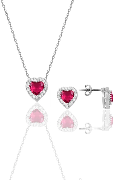 Gümüş rodyumlu fuşya taşlı pırlanta modeli kalp kolye ve küpe ikili set SGTL10139FUSYA ürün görseli 1