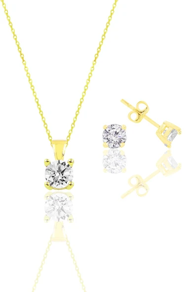 Gümüş altın yaldızlı tek taş kolye ve küpe gümüş set SGTL10592GOLD ürün görseli 1