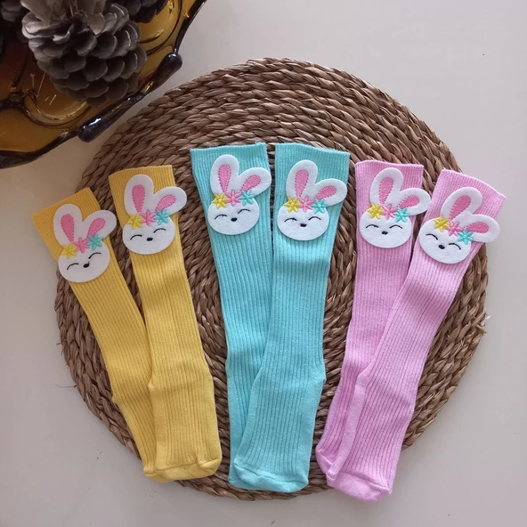 MARS BABY Kız Bebek Sarı Pembe Mint Nakışlı Tavşan Keçe Figürlü Dizaltı Çorap ürün görseli 1