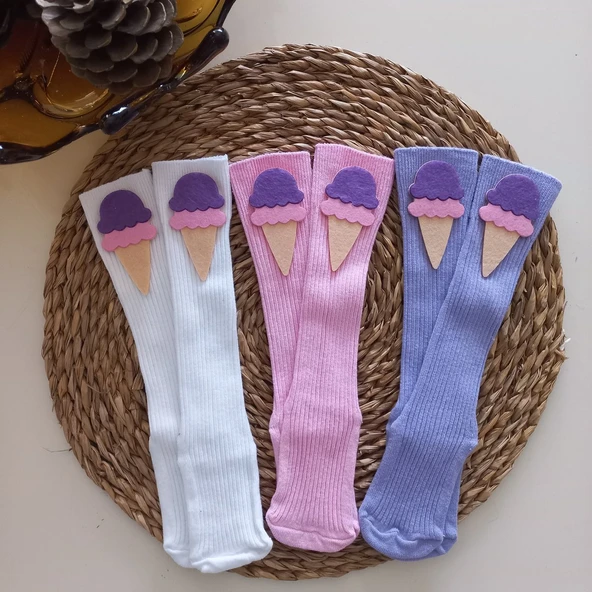 MARS BABY Kız Bebek Beyaz Pembe Lila Dondurma  Keçe Figürlü Dizaltı Çorap ürün görseli 1