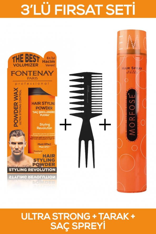 Fontenay Saç Şekillendirici Pudra Toz Wax Ultra Strong Turuncu + Şekil Tarağı + Saç Spreyi 400ml 3Lü Set ürün görseli 1