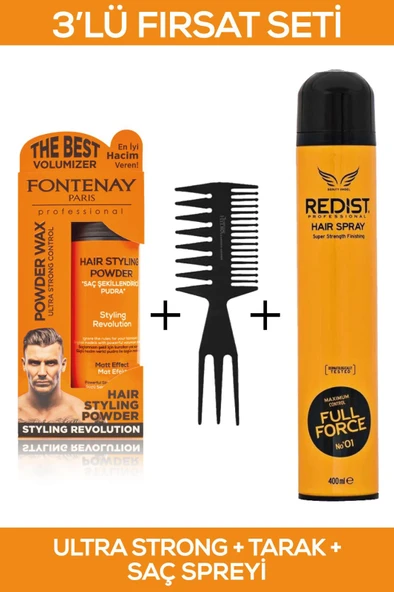 Fontenay Saç Şekillendirici Pudra Toz Wax Ultra Strong Turuncu + Şekil Tarağı + Saç Spreyi 400ml 3'Lü Set 2 ürün görseli 1