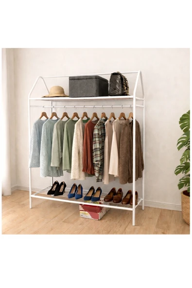 Metallica Concept Home Hanger Beyaz Konfeksiyon Askısı Raflı Butik Askı Konsept Askılık Ayaklı Askılık ürün görseli 1