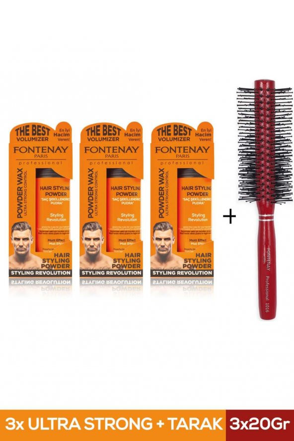 Fontenay Saç Şekillendirici Pudra Toz Wax Ultra Strong Turuncu 20gr X3 + Profesyonel Saç Fırçası 1016 4lü Set ürün görseli 1
