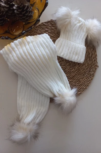 MARS BABY Kız Erkek Unisex Bebek Çocuk Ekru Krem Ponponlu Atkı Bere Takımı ürün görseli 1