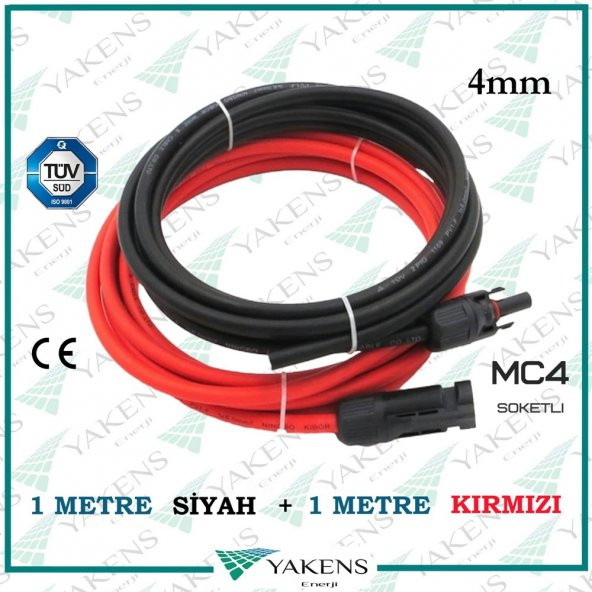 Mc4 Soketli Solar Kablo (1m+1m) 4mm Toplam 2 Metre Güneş Paneli Hazır Solar Kablo Seti Kırmızı Siyah ürün görseli 1