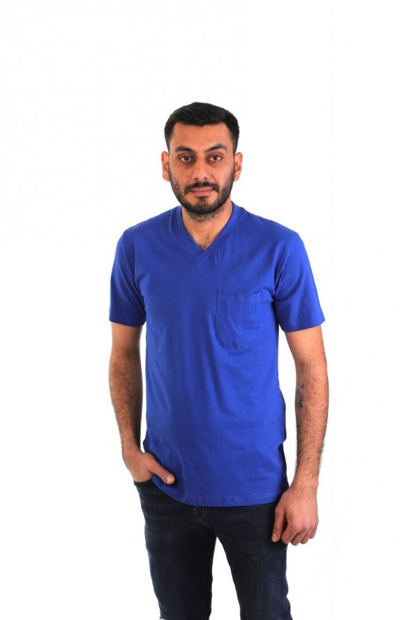 ESER - V Yaka Kısa Kol İş Tişörtü - Cepli - Saks Mavi ürün görseli 1