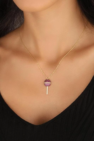Pembe Taşlı Lolipop Şeker Gümüş Kolyesi - Resim 3