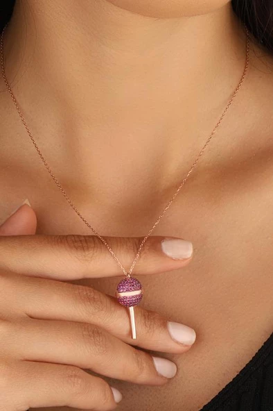 Pembe Taşlı Lolipop Şeker Gümüş Kolyesi ürün görseli 1