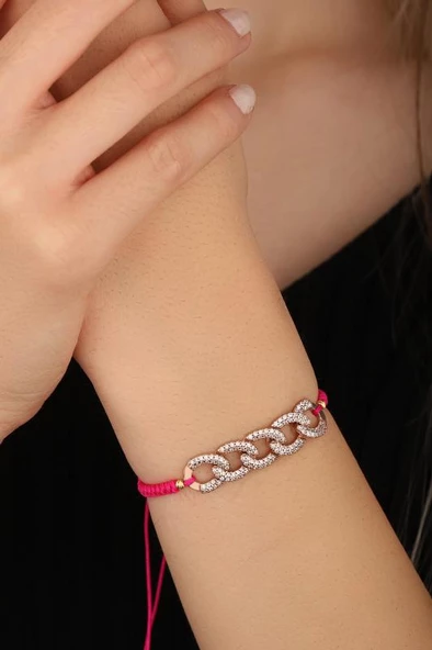 Pembe İpli Gümüş Gurmet Zincirli Bileklik ürün görseli 1
