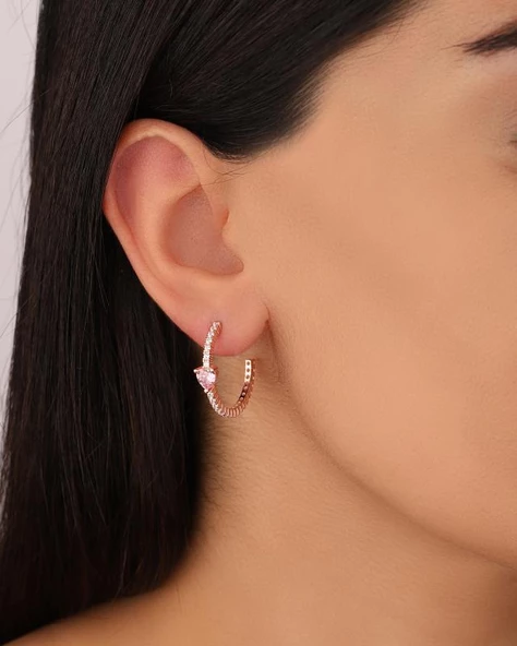 Pembe Kalpli Yarım Halka Gümüş Küpe ürün görseli 1