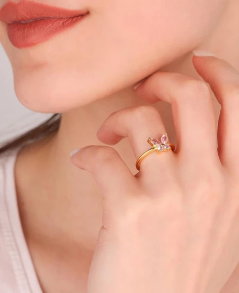 Pembe Renkli Taşlı Kelebek Gümüş Yüzük ürün görseli 1