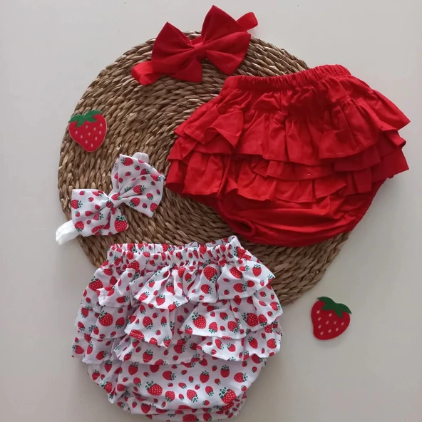MARS BABY Kız Bebek Kırmızı Çilek Desenli Fırfır Şort Etek Bandana Takımı ürün görseli 1