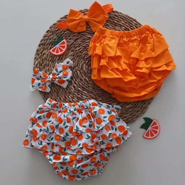 MARS BABY Kız Bebek Turuncu Portakal Desenli Fırfır Şort Etek Bandana Takımı ürün görseli 1