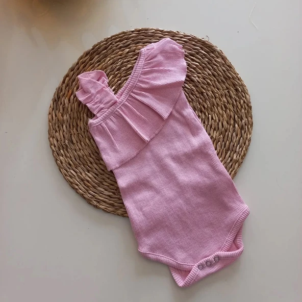 MARS BABY Kız Bebek Pudra Pembe Ribana Fırfırlı Tek Kol Askılı Badi ürün görseli 1