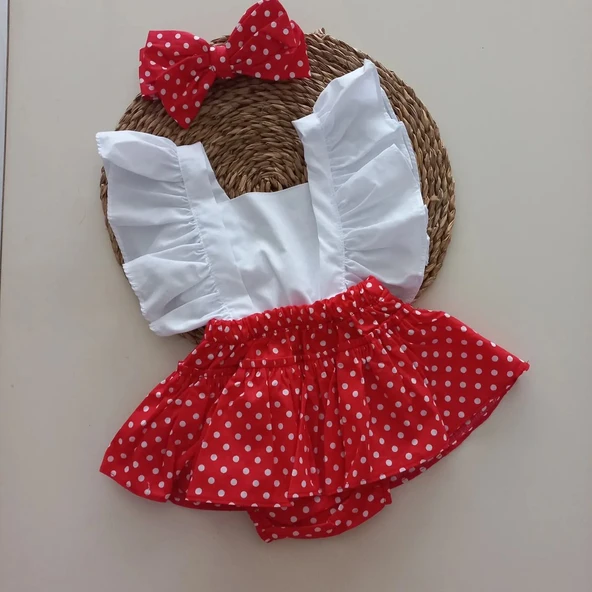 MARS BABY Kız Bebek Kırmızı Puantiye Desenli Fırfırlı Salopet Bandana Takım ürün görseli 1